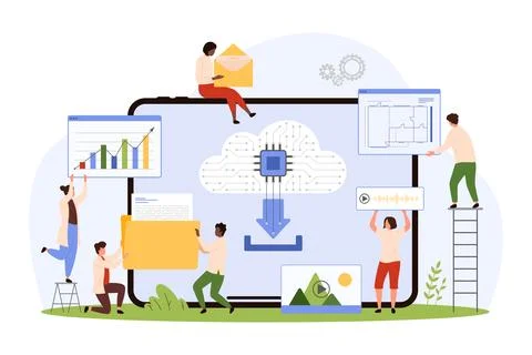 Data cloud storage service, tiny people holding documents to upload to digital Illustrazione stock