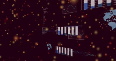 Data cluster reacting to particle surge, advancing forward while bars growing to Stock Footage 330444008