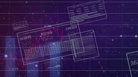 Data cluster receiving feed, rotating keyboard and drawing finance charts and Stock Footage 332821707