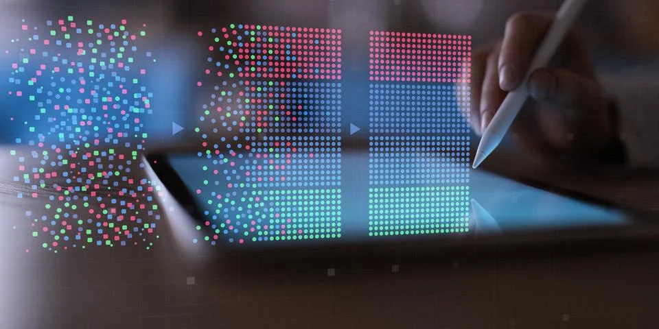 Data Clustering Visualization on Digital Tablet Interface in Machine Learning Stock Photos