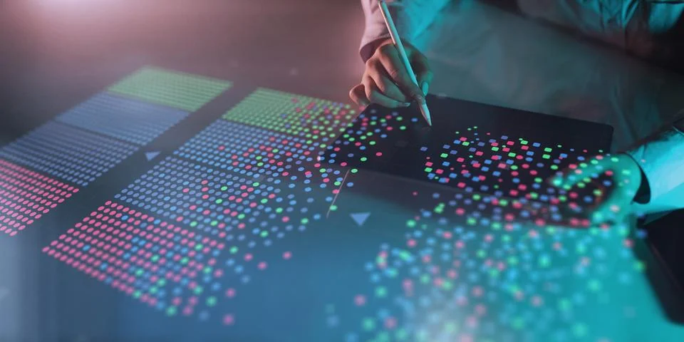 Data Clustering Visualization on Digital Tablet Interface in Machine Learning Stock Photos