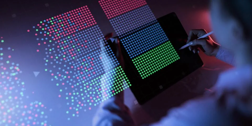 Data Clustering Visualization on Digital Tablet Interface in Machine Learning Stockfoto's