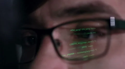 Data code Reflection in Programmers, hackers Glasses Video stock 63002091