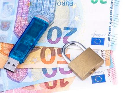 Data Collection and Sale of Data - Data Stick with Padlock and Euro Banknotes Stock Photos