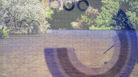 Data collection starting, overlays appearing over lake, bars rising, arcs Stock Footage 333485942