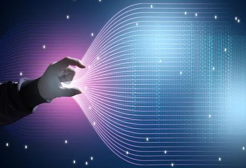 Data concentration and systematization concept, hand and virtual funnel Stock Illustration