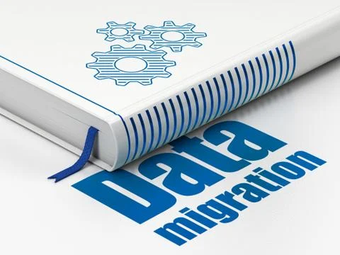 Data concept: book Gears, Data Migration on white background Stock Illustration