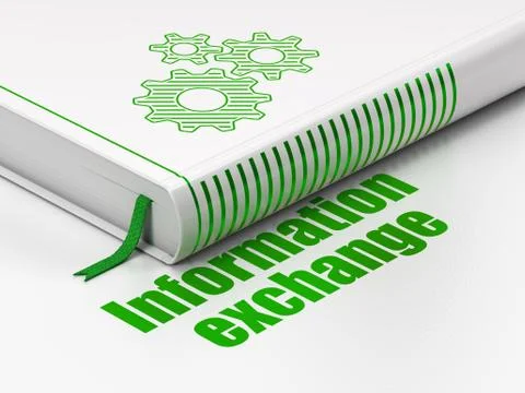 Data concept: book Gears, Information Exchange on white background Illustrazione stock