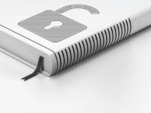 Data concept: closed book, Opened Padlock on white background Illustrazione stock