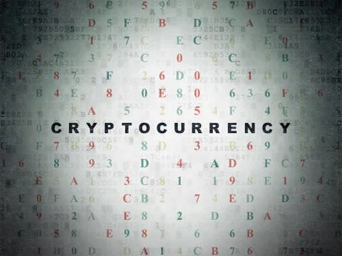 Data concept: Cryptocurrency on Digital Data Paper background Illustrazione stock