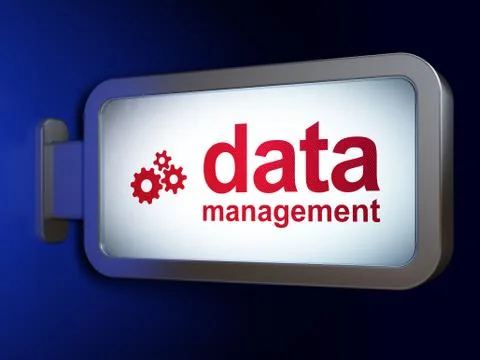 Data concept: Data Management and Gears on billboard background Illustrazione stock