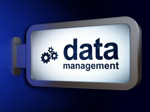 Data concept: Data Management and Gears on billboard background Illustrazione stock