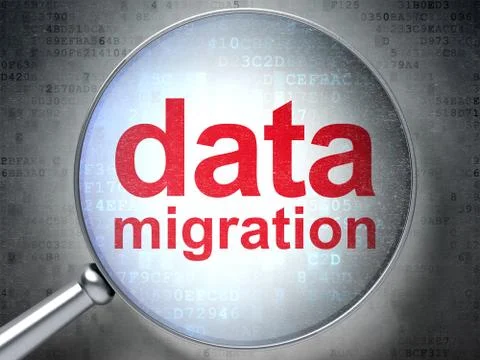Data concept: Data Migration with optical glass Stock Illustration