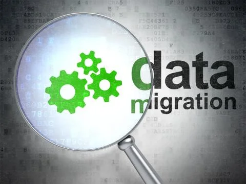 Data concept: Gears and Data Migration with optical glass Stock Illustration