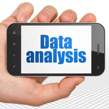 Data concept: Hand Holding Smartphone with Data Analysis on display Stock Illustration