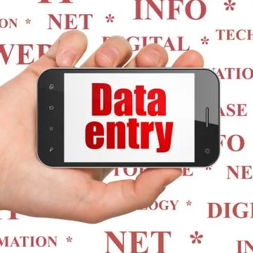 Data concept: Hand Holding Smartphone with Data Entry on display Stockillustratie