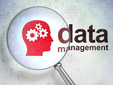 Data concept: Head With Gears and Data Management with optical glass Иллюстрация