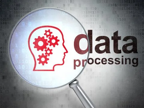 Data concept: Head With Gears and Data Processing with optical glass Stock Illustration