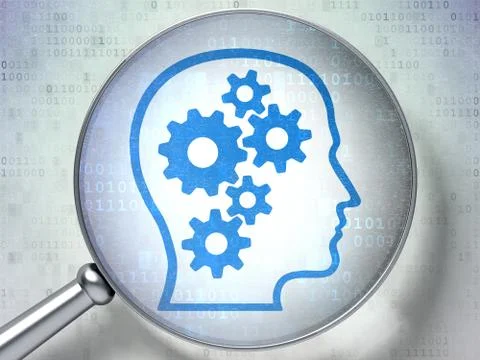 Data concept: Head With Gears with optical glass on digital bac Иллюстрация