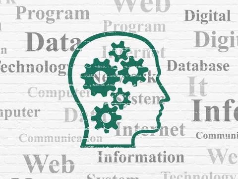 Data concept: Head With Gears on wall background Ilustración de archivo
