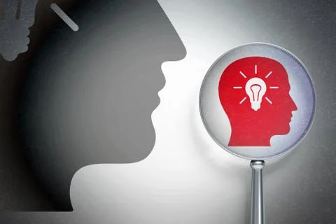 Data concept:  Head With Light Bulb with optical glass on digital background Illustrazione stock