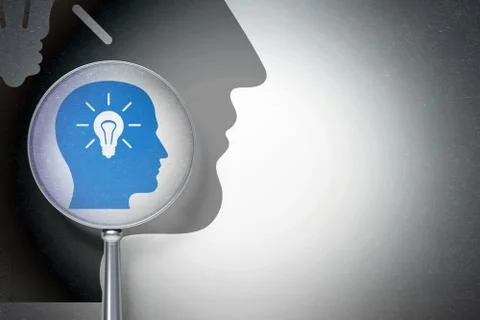 Data concept:  Head With Light Bulb with optical glass on digital background Illustrazione stock