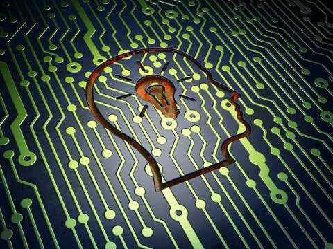 Data concept: Head With Lightbulb on circuit board background Stockillustratie