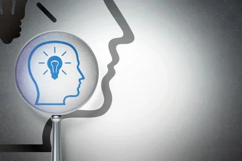 Data concept:  Head With Lightbulb with optical glass on digital background Иллюстрация