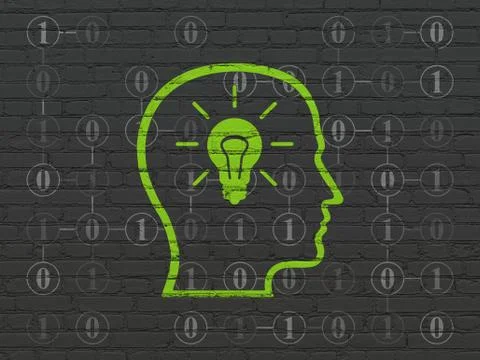 Data concept: Head With Lightbulb on wall background Иллюстрация