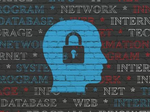 Data concept: Head With Padlock on wall background Stock Illustration