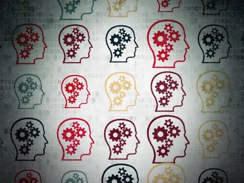 Data concept: multicolor Head With Gears icons on digital background Stock Illustration