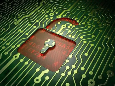 Data concept: Opened Padlock on circuit board background Stock Illustration