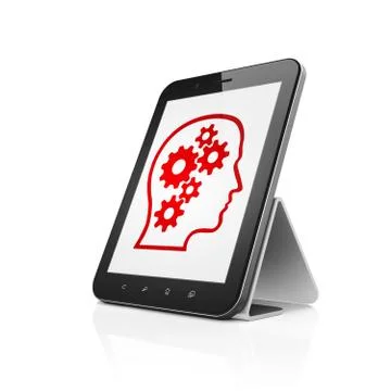 Data concept: Tablet Computer with Head With Gears on display Stock Illustration
