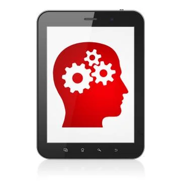 Data concept: Tablet Computer with Head With Gears on display 스톡 일러스트