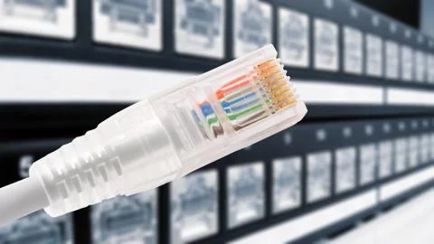 Data connection with rj45 patch cable, conceptual shot. Foto stock