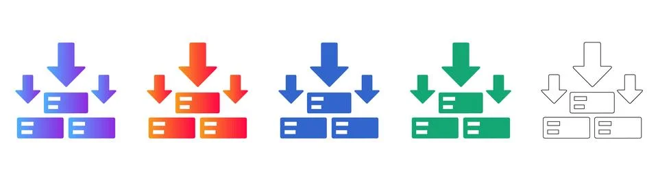 Data Consolidation Icons with Arrows in Five Styles Stock Illustration