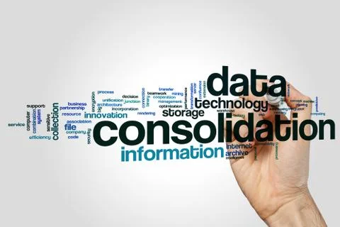 Data consolidation word cloud concept on grey background 写真素材