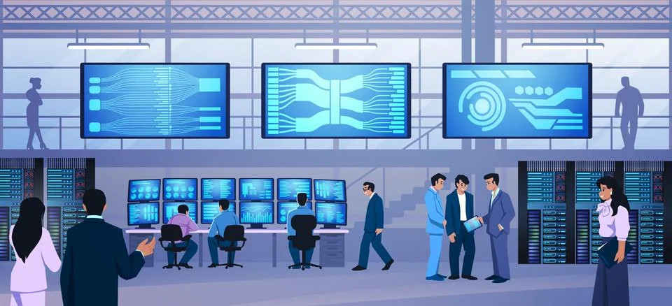 Data control. Room center. Operators in government. Computer security mission Stock Illustration