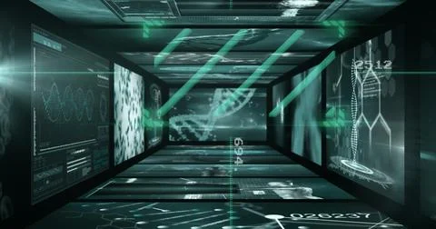 Data corridor forming in virtual lab, with lit panels, holographic DNA helix and Stock Illustration
