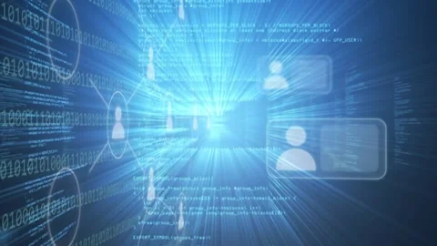 Data corridor reacting to blue light, zooming ahead, binary, nodes linking, Stock Footage 335739553