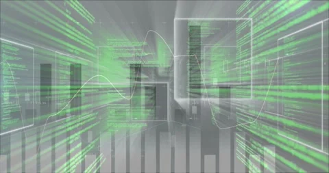 Data corridor spawning from green code pulse, flying forward, bars shifting, 스톡 동영상 321783238
