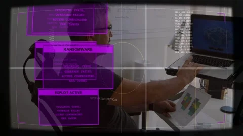DATA CORRUPT alert popping up, man moving laptop and probing chart, security Stock Footage 333287161