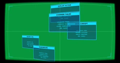 DATA CORRUPT appearing, alerts stacking, flickering, indicating breach on Stock Footage 327338678