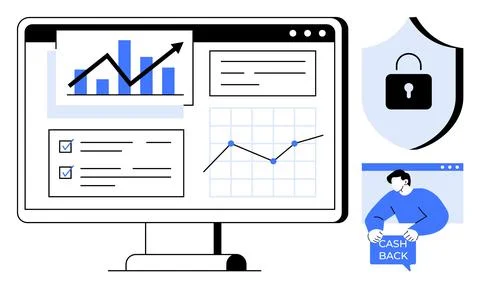 Data Dashboard with Analytics, Security, and Cashback Features Illustrazione stock
