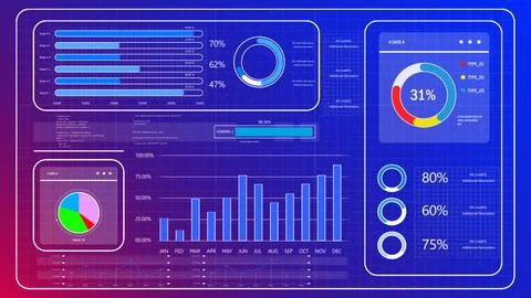 A data dashboard and analytics system displays charts and metrics on a blue.. 스톡 일러스트