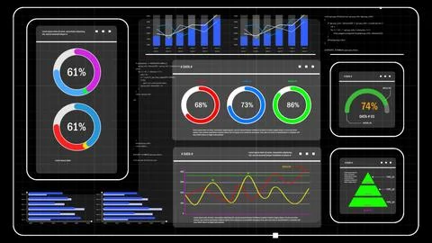 A data dashboard and analytics system with colorful charts on a black solid.. Illustrazione stock