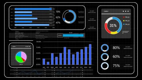 A data dashboard and analytics system with colorful charts on a black solid.. イラスト素材