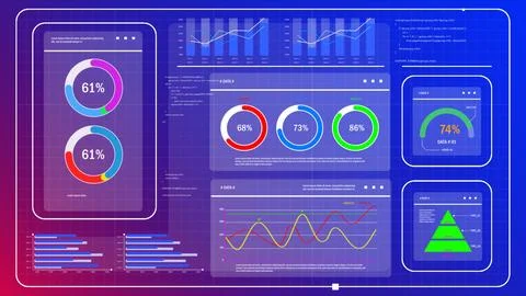 A data dashboard and analytics system displays charts and metrics on a blue.. Stock Photos