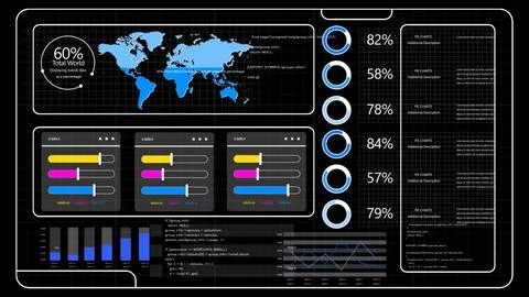 A data dashboard and analytics system with colorful charts on a black solid.. Stock Photos