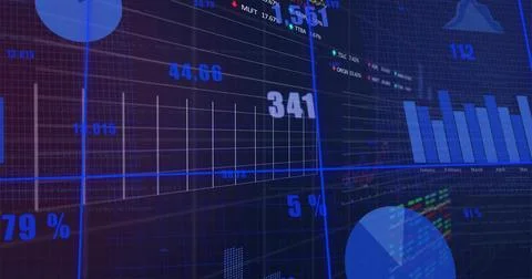 Data dashboard animating as camera panning, charts updating, numbers changing, Stock Illustration